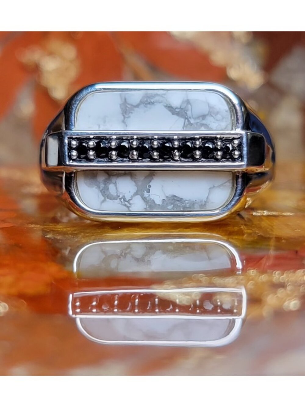 925 Sterling Silver Howlite Black Spinel Men's Statement Ring Size 11 NWT
